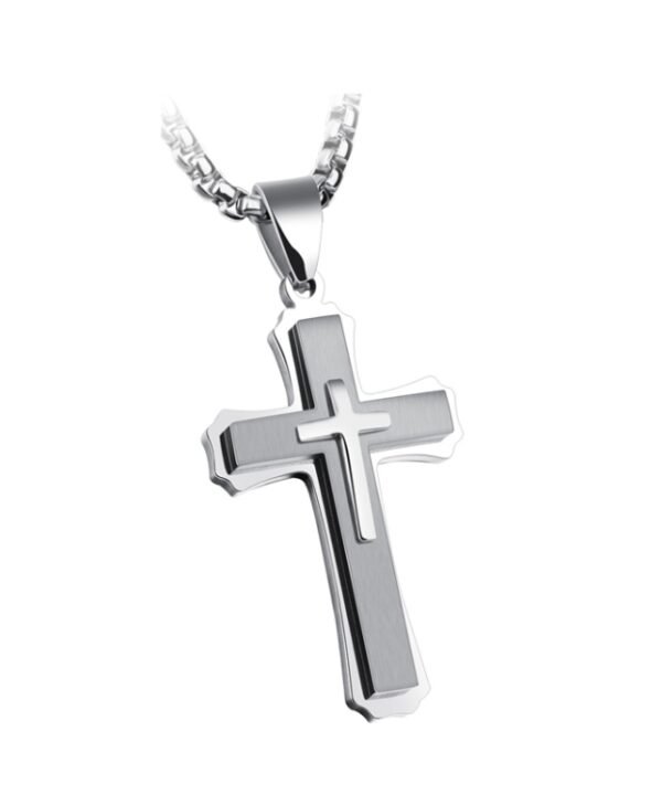 1213 Three Layer Cross Necklace Titanium Steel Men Necklace, Steel Color Pendant+3x55cm Pearl Chain, Black Pendant+3x55cm Pearl Chain, Gold Pendant+3x55cm Pearl Chain, Steel Color Single Pendant, Black Single Pendant, Gold Single Pendant