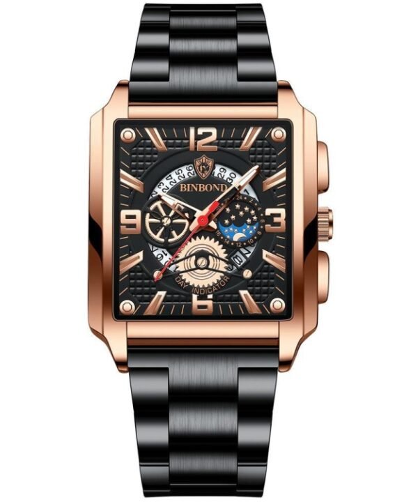 BINBONG B6575 Men Vintage Square Multifunctional Waterproof Luminous Quartz Watch, Black-Rose Gold-Black-Rose, Black-Black-Black-White, Black-Black-Black-Rose, Full Gold-Black, White-Black, White-White, Brown Leather-Rose Gold-Black...