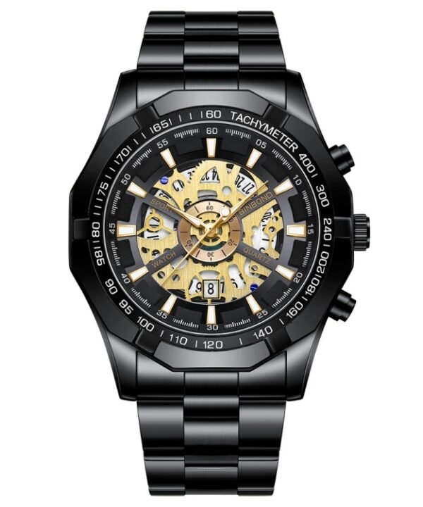 BINBOND S033 Hollowed Mechanical 30m Waterproof Luminous Quartz Watch, Black Steel-Black-White, Black Steel-Black-Gold, Black Steel-Black-Rose Gold, Full Gold-Black-Gold, Black Steel-Rose Gold-Black, Blue Steel-Blue, White Steel-Black, White Steel-White