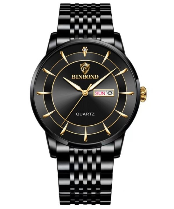 BINBOND B2077 30M Waterproof Quartz Luminous Watch Butterfly Buckle Men's Steel Belt Watch