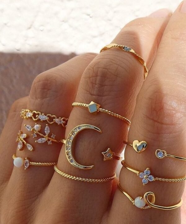 10pcs/set Moon Star Leaves Heart Rhinestone Knuckle Ring, 10pcs/set 5900