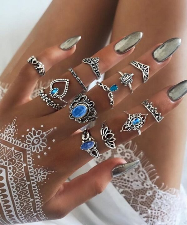 13pcs/set Vintage Diamond Engraved Crown Star Gemstone Ring, 13pcs/set 0737