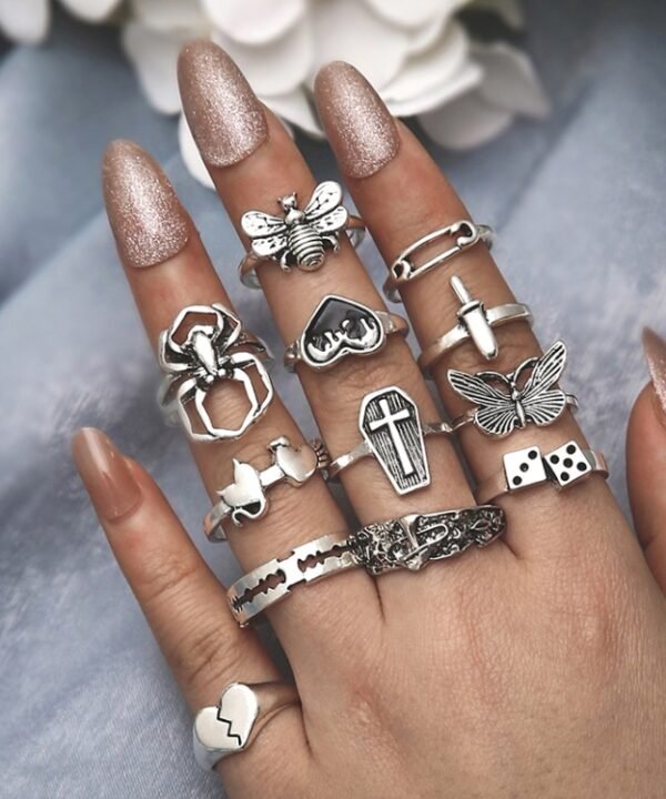 12pcs/set Heart Cross Butterfly Mushroom Spider Open Ring, 12pcs/set 6015