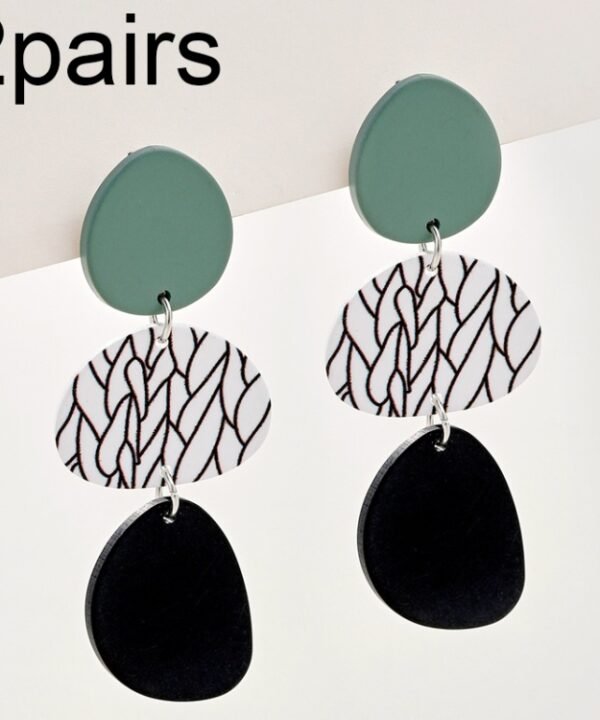 2pairs Contrasting Color Acrylic Geometric Round Stitching Long Ladies Earrings, Colorful