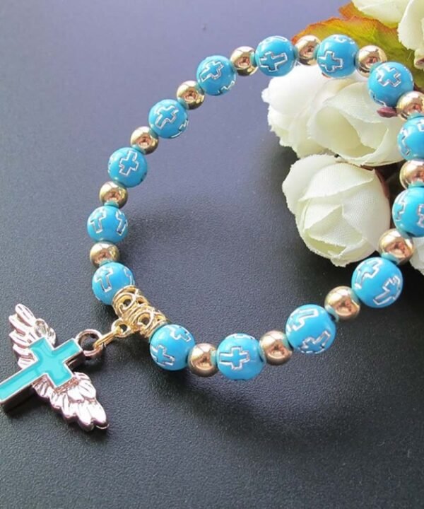 Gold Stamped Acrylic Angel Cross Bead Bracelet, Blue, White, Pink, Silver