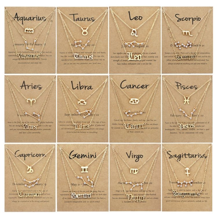 3 In 1 12 Zodiac Signs Necklace Set Retro Alphabet Symbols With Diamonds Jewelry Set, Scorpion Golden, Sagittarius Golden, Capricorn Golden, Taurus Golden, Pisces Golden, Leo Golden, Libra Golden, Cancer Golden, Aquarius Golden, Virgo Golden, Aries Gol... - Image 3