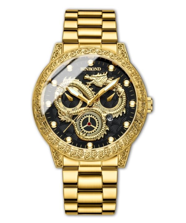 BINBOND B3030 Embossed Dragon Luminous Waterproof Quartz Watch, Full-gold Gold, Full-gold Black, Full-gold White, Black Steel-Black, White Steel-Black, White Steel-White, Brown Leather-Full-gold-Gold, Brown Leather-Full-gold-Black...