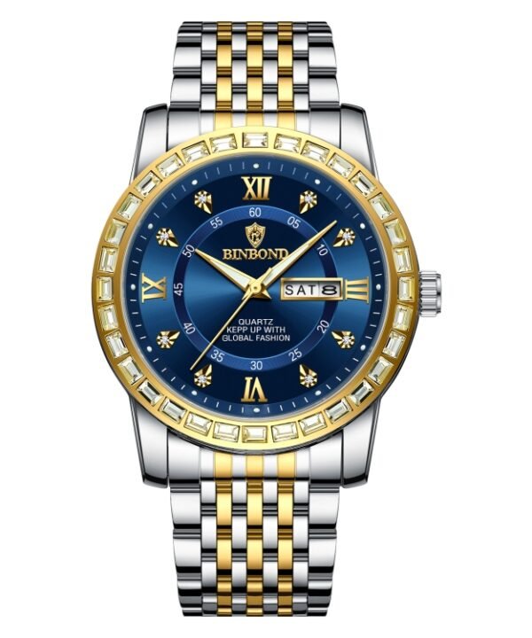 BINBOND B2202 Diamond Dual-calendar Luminous Quartz Watch, Inter-gold-Blue, Inter-gold-Green, Inter-gold-Black, Inter-gold-White, Full-gold-Gold, Full-gold-Black, White Steel-Blue, White Steel-Black, White Steel-White, Black Steel-Black-White Nail