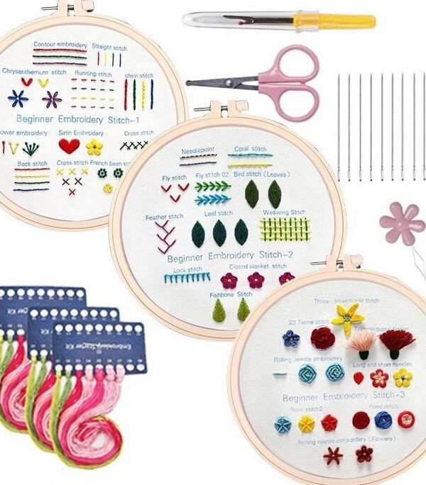3-In-1 Embroidery Starter Kit For Beginners DIY Stitch Practice Sampler With English Instructions