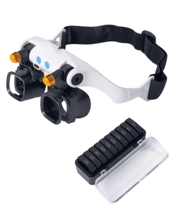 USB Rechargeable Headband Magnifier With 5 Interchangeable Lens Pairs 2X 4X 6X 10X 13X And Dual LED Lights, RJS223-21SXC