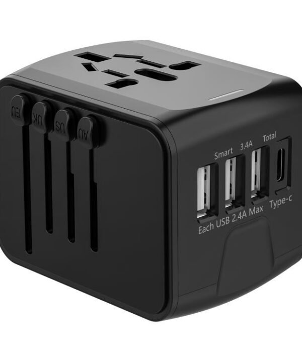 Travel Adapter 3 USB+Type-C Universal Socket Multi-Function Charger, US/EU/UK/AU Plug, 199T-3U