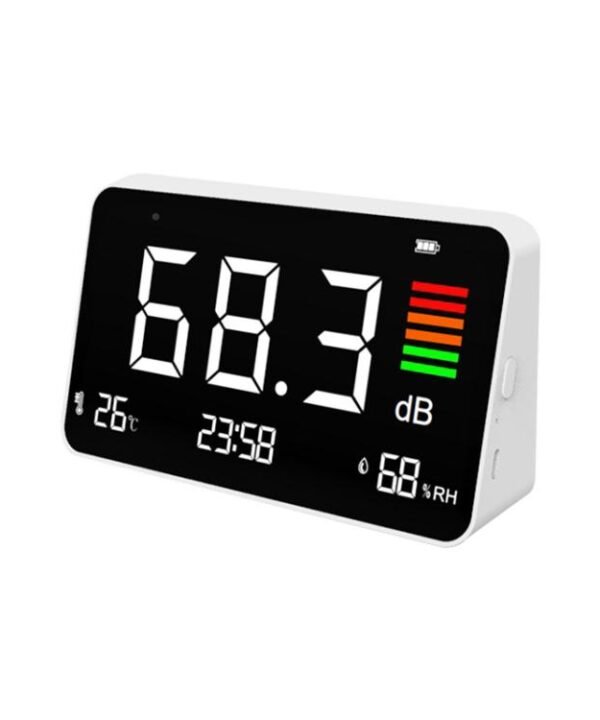 Digital 4-in-1 Noise Meter with Temperature & Humidity Sensor, Time Display Rechargeable Battery, Adjustable Backlight, DM219N