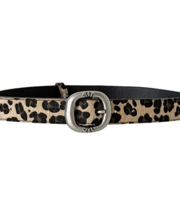 Leopard Print Mohair Leather Belt with Metal Buckle