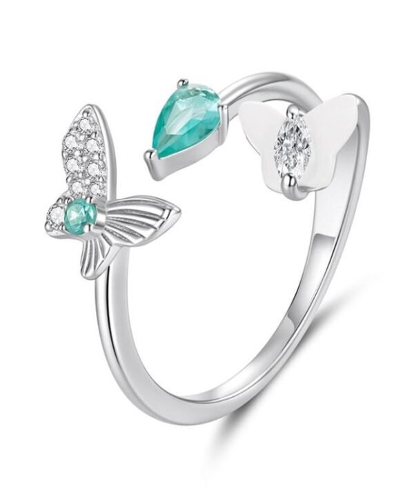 White Gold Plated Mother-Of-Pearl And Zircon Butterfly Double-Layer Adjustable Opening Ring