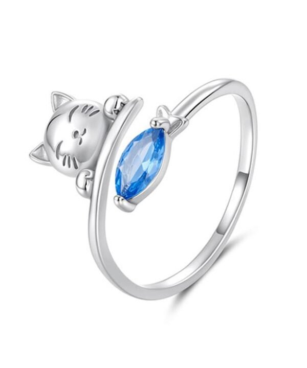 Copper-plated White Gold Cat Eating Fish Cute Open Ring