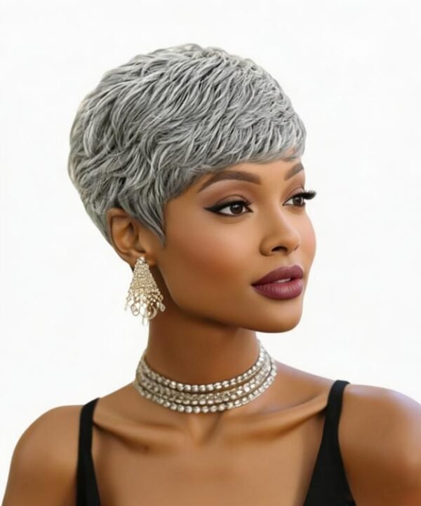 Short Grey Human Hair Feel Wigs for Women Pixie Cut Wigs Salt and Pepper Grey Mix Silver Short Layered Machine Made Wigs, 2 inch
