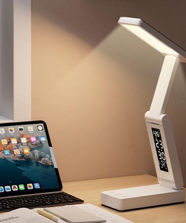 Xiajule Rechargeable Smart Digital Display Clock Folding Desk Lamp, Eye-Caring Study Bedside Reading Light