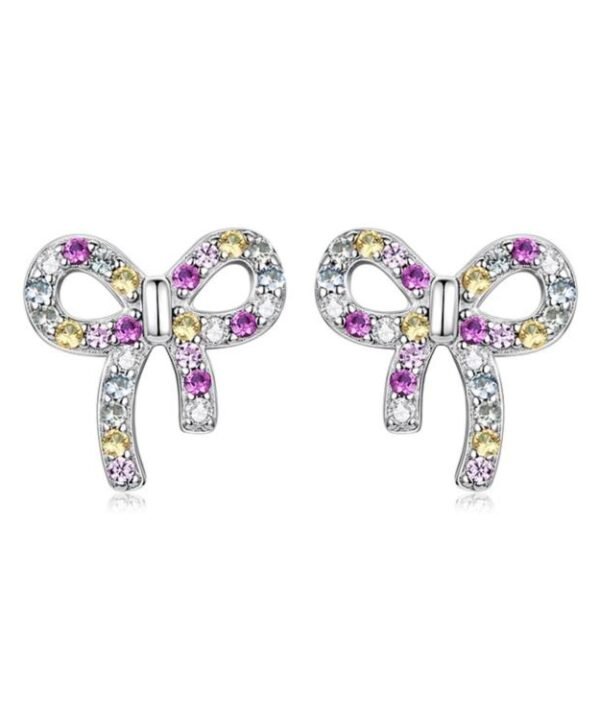 S925 Sterling Silver Sweet Bow Colorful Zirconia Stud Earrings