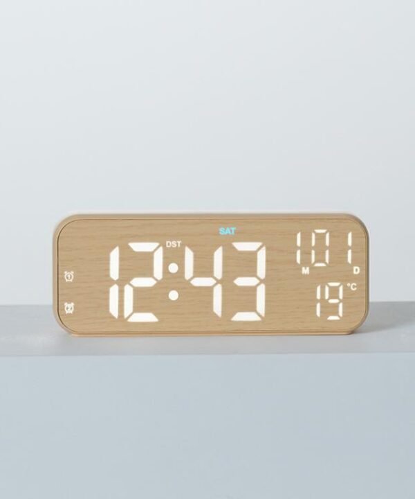 Modern LED Digital Desk Clock with Temperature Date, Silent Alarm Clock with Dual Alarm, 5801 Yellow Wood Grain, 5801 Grey Fabric, 5802 Yellow Wood Grain, 5802 Grey Fabric