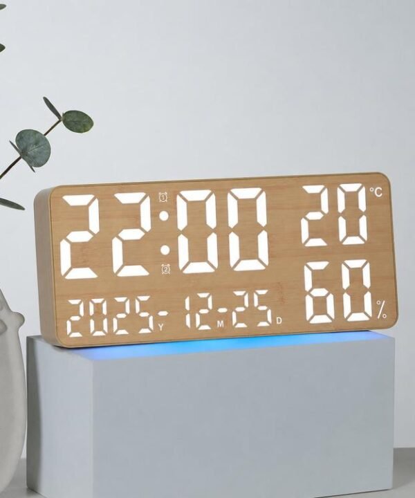 Large Display Digital Wall Clock With Temp Humidity Dual Alarm Desk Clock, GH8070 Woodgrain Fixed White Light, GH8070 Fabric Fixed White Light, GH8071 Woodgrain Color Changing, GH8071 Fabric Color Changing