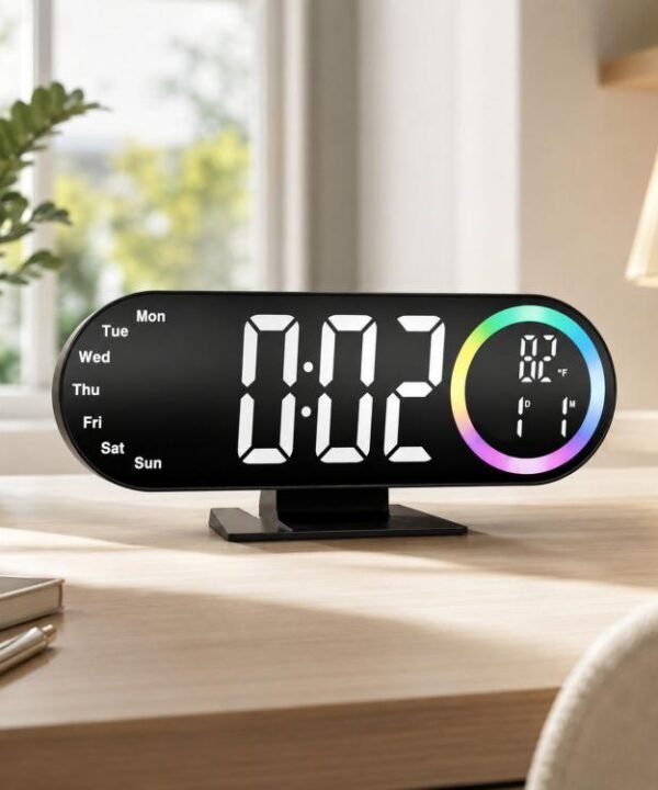 RGB Mirror Digital Alarm Clock With LED Night Light Temperature Week Display