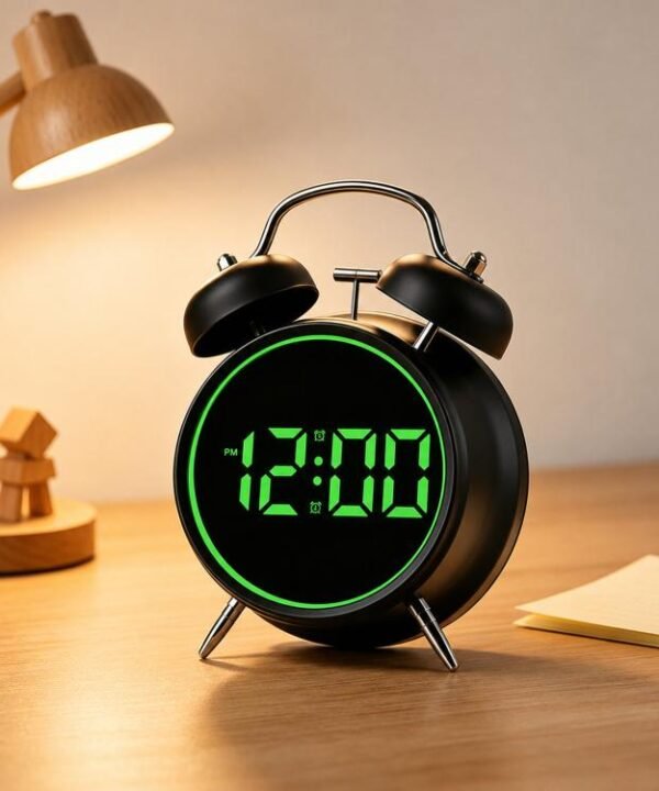 Retro Twin Bell Digital Alarm Clock Loud Bedside Clock with Colorful Glowing Ring Silent LED Desktop Clock with USB & Battery Backup