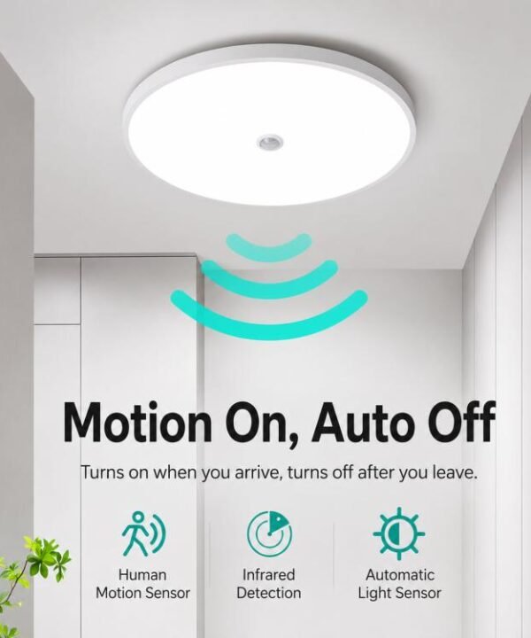 LED Motion Sensor Ceiling Light Flush Mount Dustproof Light with Photocell 6500K Cool White, 12W 23cm, 18W 30cm, 24W 38cm