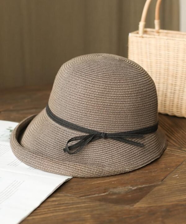 Vintage Straw Sun Hat for Women Foldable Retro Cloche Hat with Ribbon Bow Adjustable Summer Beach Cap