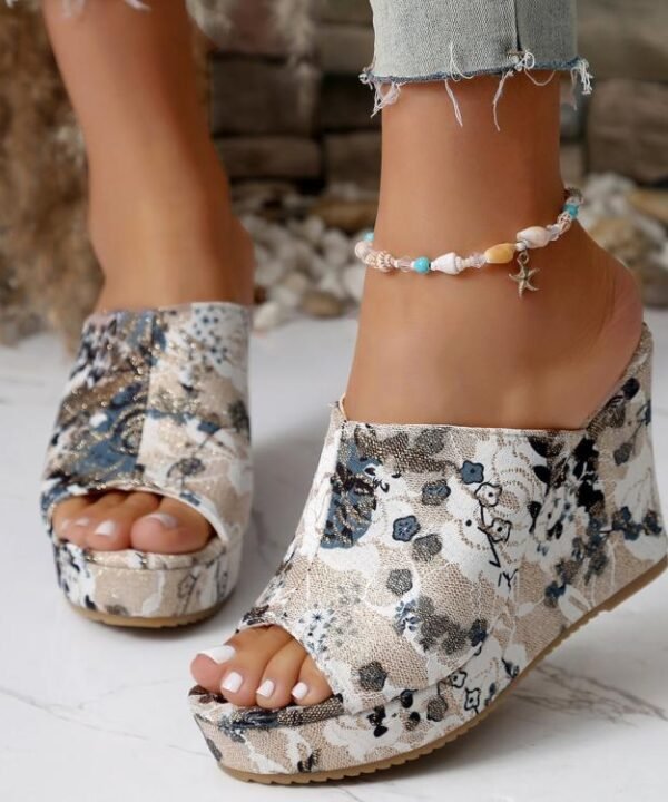Womens Wedge Sandals Peep Toe Floral Platform Slide Slippers 10cm High Heel Summer Mules, 35, 36, 37, 38, 39, 40, 41, 42, 43