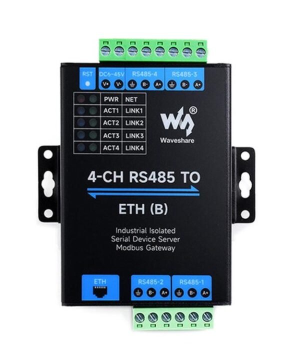 WAVESHARE 4-Ch RS485 To RJ45 Ethernet Serial Server, 4 Channels RS485 Independent Operation, Rail-mount Industrial Isolated Serial Module, Common Network Port, PoE Ethernet Port