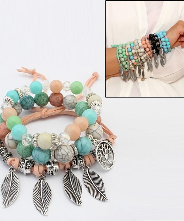 Vintage Ethnic Elasticity Marble Beads Bracelet Boho Leaves Bangle Bracelet, Blue, Colorful, Green, Orange, White