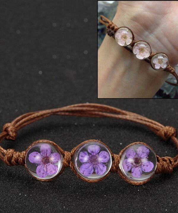 Lucky Handmade Woven Dried Flower Glass Beads Bracelets, Purple, Pink, Rosered, Blue, White, Orange, Red, Yellow