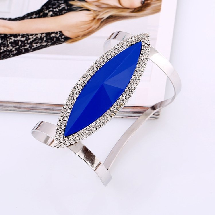 Metal Bangles Women Trendy Resin Mosaic Crystal Bracelet Smooth Wide Opening Adjustable Bangle, Silver blue, Gold black, Gold brown - Image 2