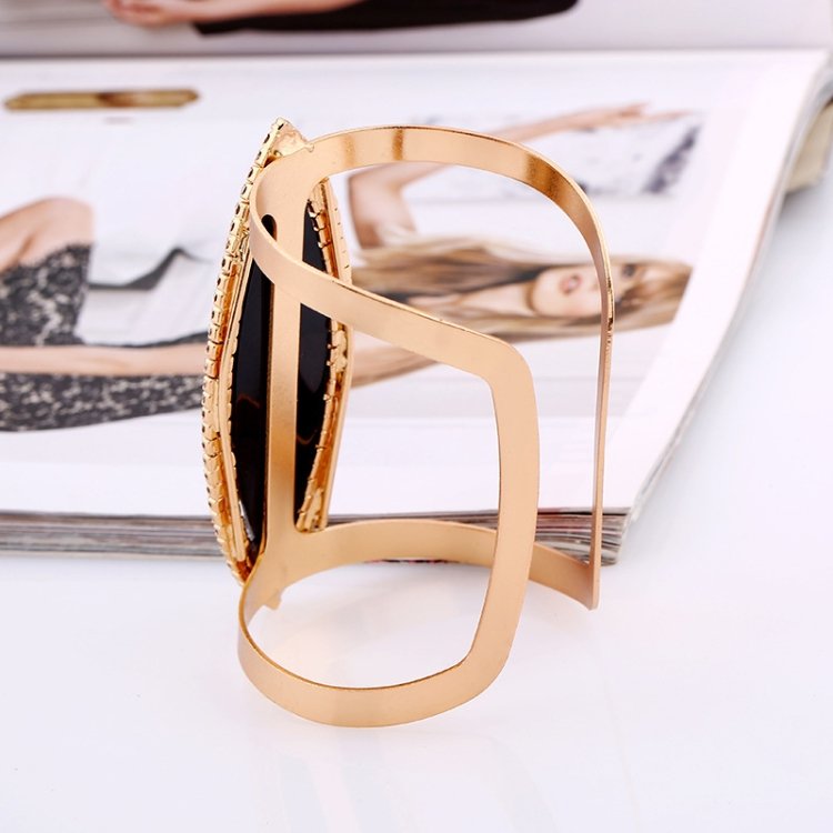 Metal Bangles Women Trendy Resin Mosaic Crystal Bracelet Smooth Wide Opening Adjustable Bangle, Silver blue, Gold black, Gold brown - Image 3