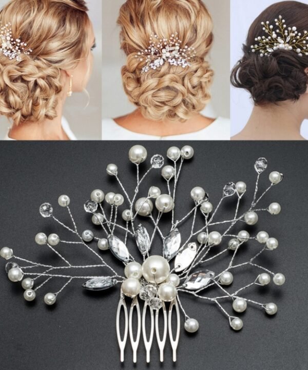 Pearl Women Hair Combs Wedding Hair Accessories Hair Pin Rhinestone Tiara Bridal Clip Crystal Crown Bride Hair Jewelry, Silver, Gold