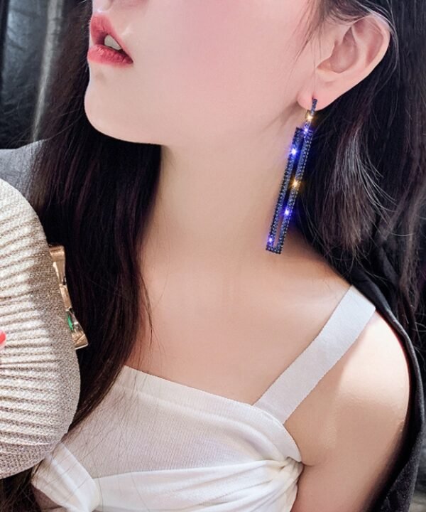 Fashion Long Geometric Drop Earrings Luxury Gold Silver Color Rectangle Rhinestone Earring, Blue, Gold, Rose Gold, Silver