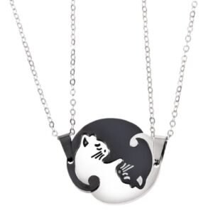 Couples Jewelry Necklaces Titanium Steel Animal Cat Pendants Necklace, White and Black Cat with Metal Chain, White and Black Cat with Leather Cord