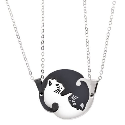 Couples Jewelry Necklaces Titanium Steel Animal Cat Pendants Necklace, White and Black Cat with Metal Chain, White and Black Cat with Leather Cord