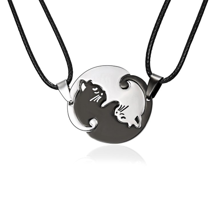 Couples Jewelry Necklaces Titanium Steel Animal Cat Pendants Necklace, White and Black Cat with Metal Chain, White and Black Cat with Leather Cord - Image 2