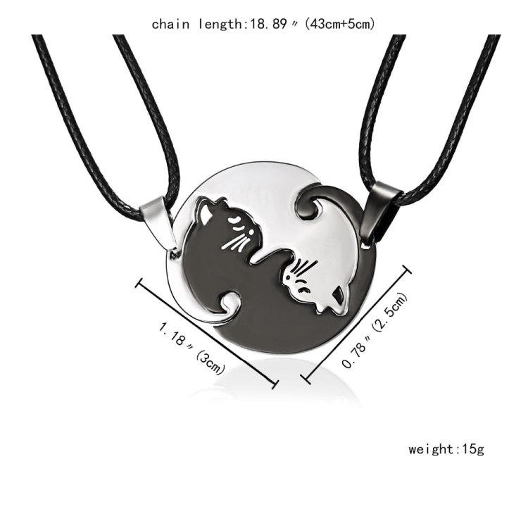 Couples Jewelry Necklaces Titanium Steel Animal Cat Pendants Necklace, White and Black Cat with Metal Chain, White and Black Cat with Leather Cord - Image 3