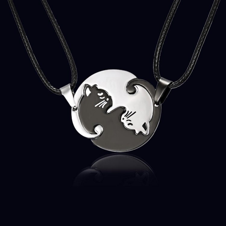 Couples Jewelry Necklaces Titanium Steel Animal Cat Pendants Necklace, White and Black Cat with Metal Chain, White and Black Cat with Leather Cord - Image 5