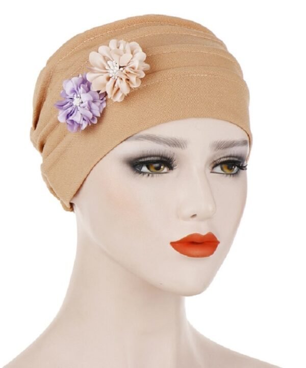 Flowers Decoration Linen Hexagon Turban Hat Wrap Cap