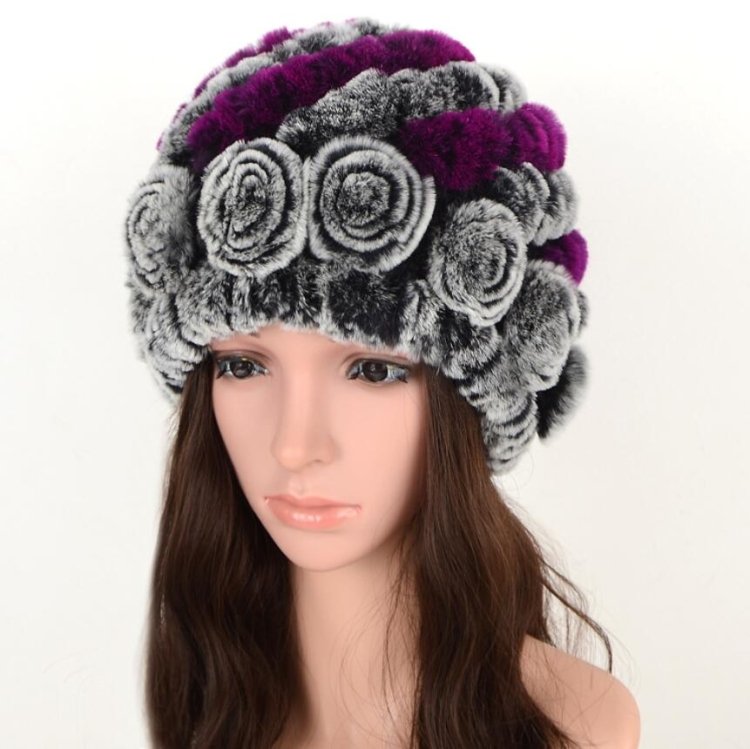 Real Rabbit Fur Grass Pineapple Hat Korean Version of the Women's Warm Earmuffs, Purple, Red and brown, Red and black, white and black, white and brown, black and black, black and brown, double black, double brown, Colorful 1, Colorful 2, Colorful 3... - Image 3