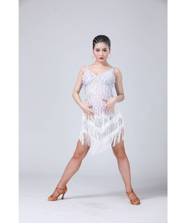 Waterdrop Fringed Sequins Suspenders Latin Dance Dress Competition Performance Suit, Free Size
