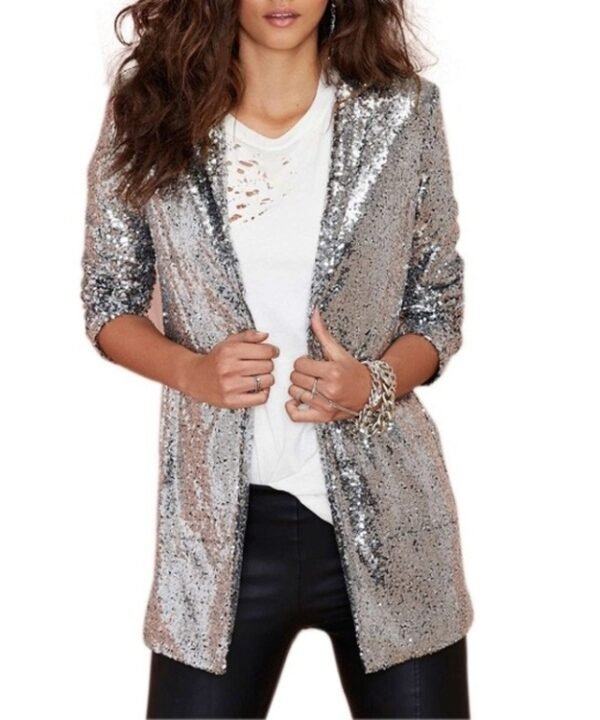 Women Sequined Suit Jacket Without Buckle Stage Clothing(Color:Black Size:XXL), S, M, L, XL, XXL