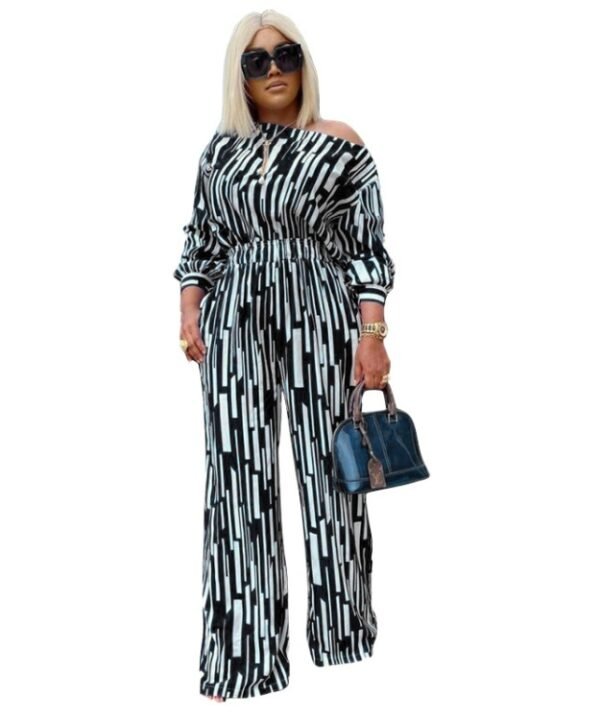 Large Size Striped Printing Oblique Long-sleeved Shoulder Loose Fashion Casual Suit, L, XL, XXL, XXXL, XXXXL