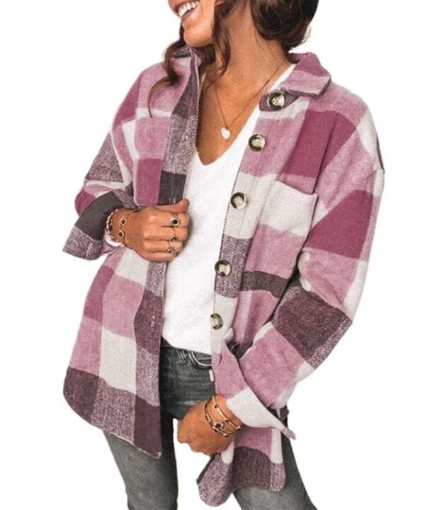 Lapel Long Sleeve Flannel Check Shirt Loose Casual Cardigan Jacket for Ladies, S, M, L, XL, XXL
