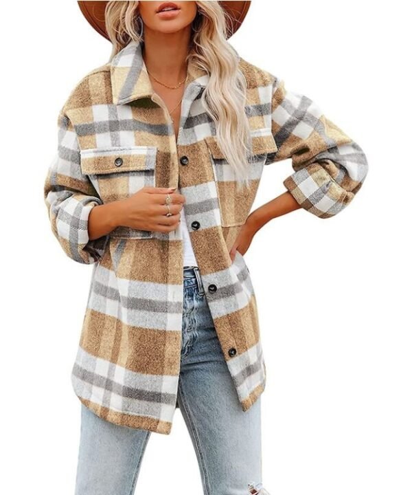 Lapel Long Sleeve Flannel Check Shirt Loose Casual Cardigan Jacket for Ladies, S, M, L, XL, XXL