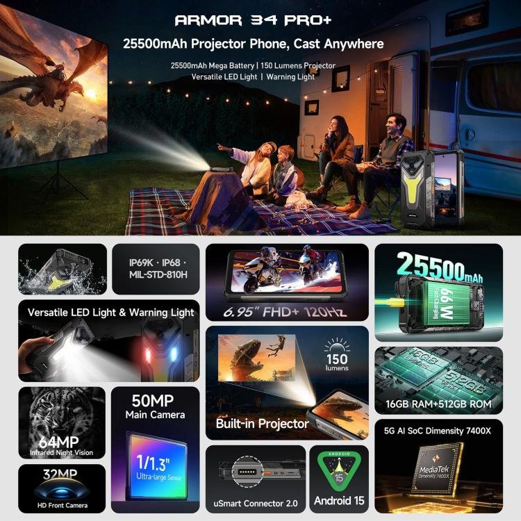 Ulefone Armor 34 Pro+ Projector, 16GB+512GB, Night Vision, IP68/IP69K Rugged Phone, 6.95 inch Android 15 MediaTek Dimensity 7400X Octa Core, Network: 5G, NFC, OTG - Image 4
