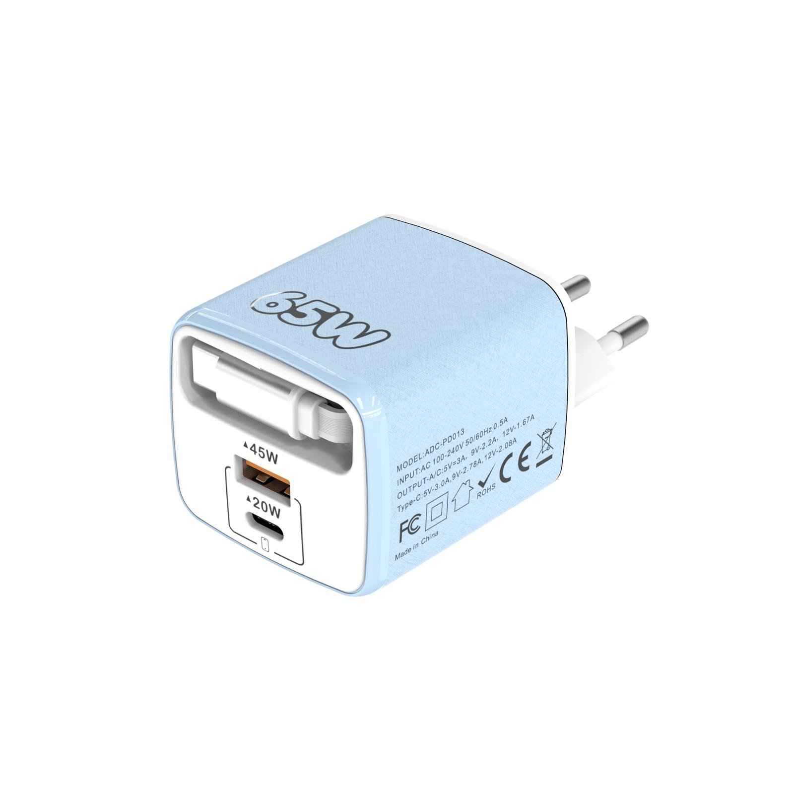 65W GaN Fast Charger with Built-in Retractable Type-C Cable & Dual Ports